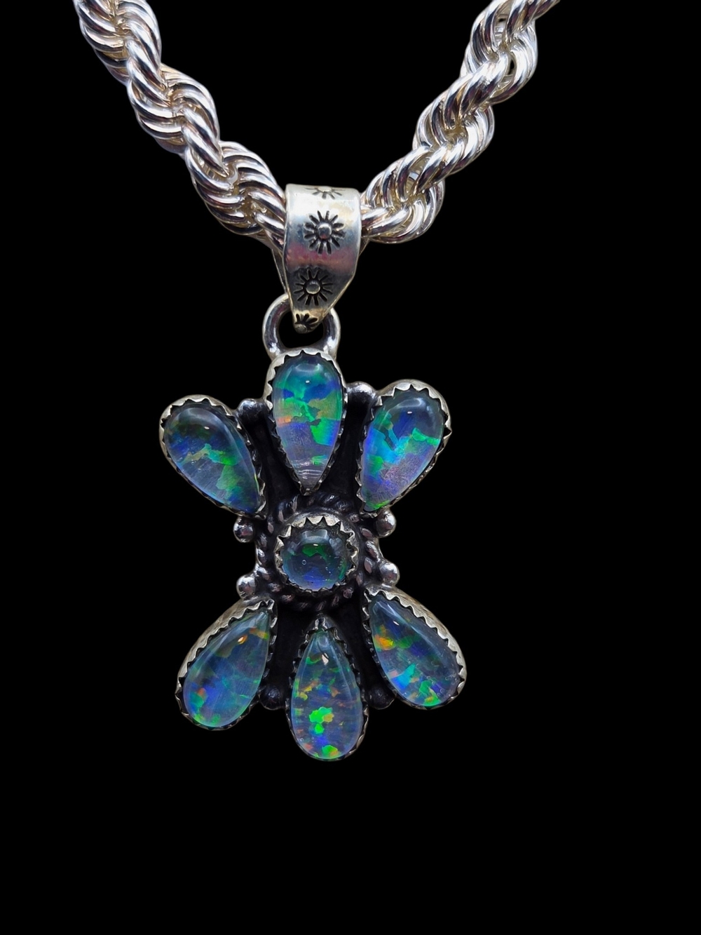 Sterling Silver Aurora Opal Flower Pendant  - Blue Green Opal